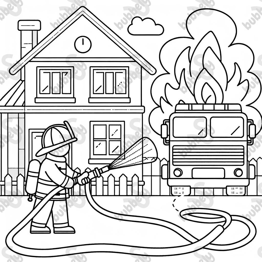 Einen feuerwehrmann der ein brennendes haus löscht mit schlauch und feuerwehrauto