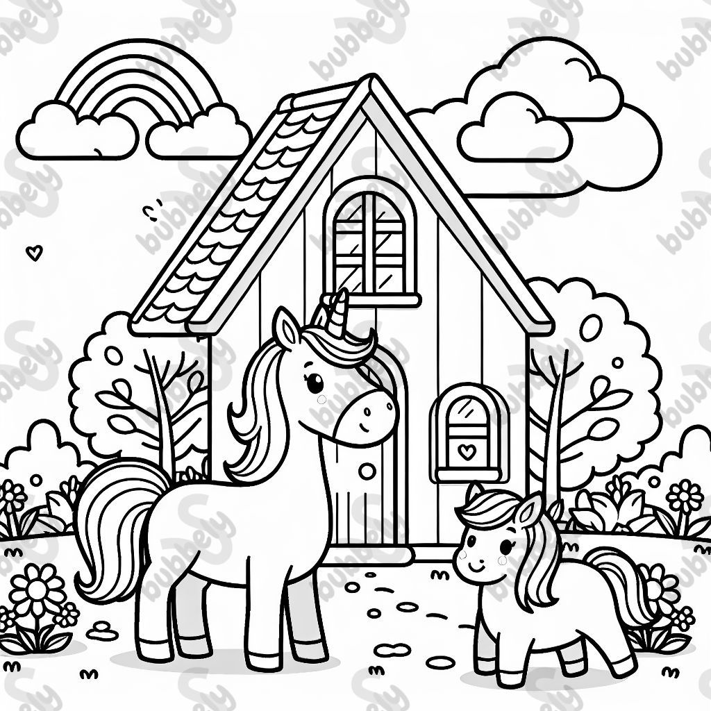 Licorne et cheval devant une maison