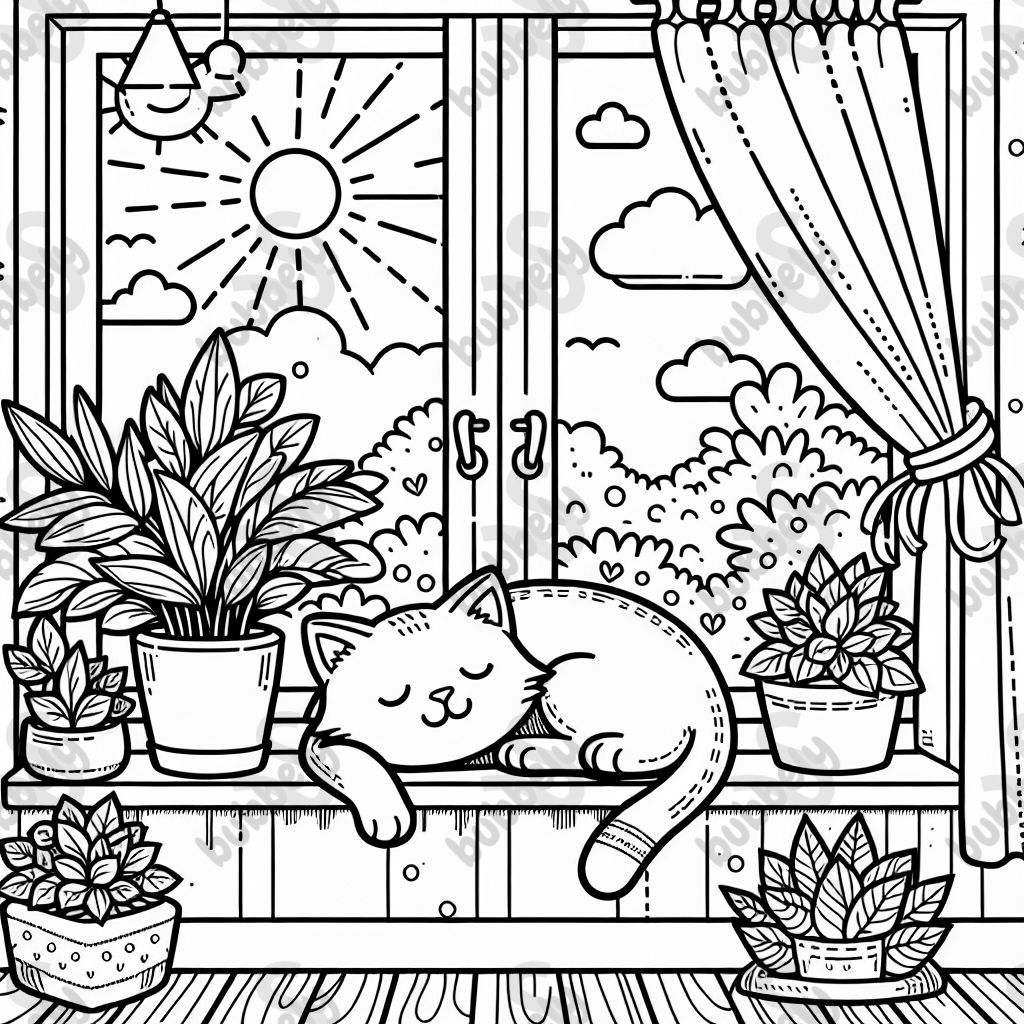 Cat sleeping on window with plants on a summer