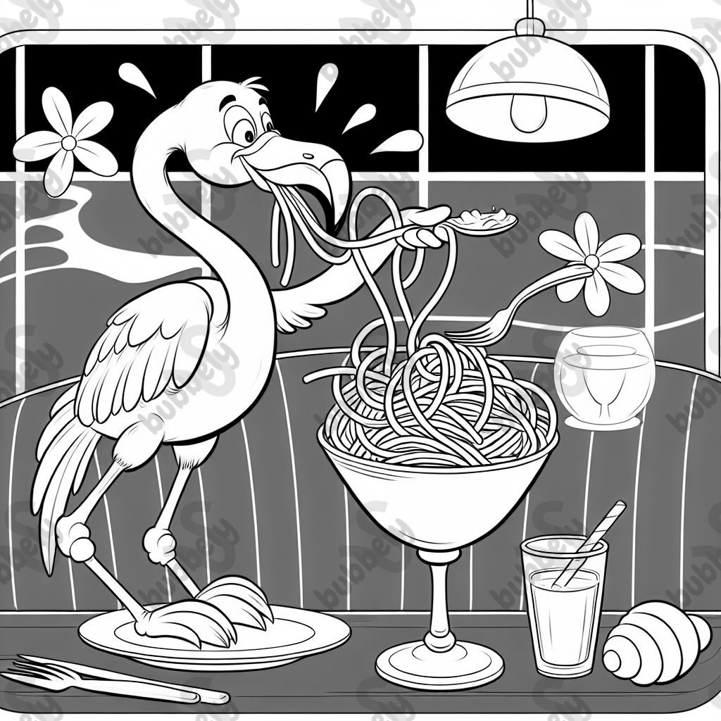 A flamingo eating spaghetti 