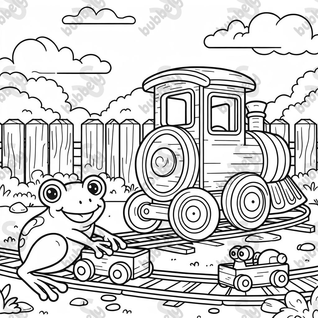 A frog playing with a wooden train