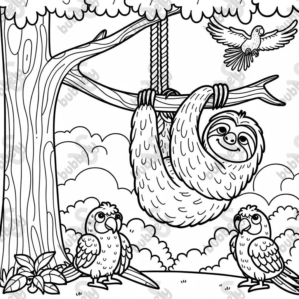 Ein hängendes Faultier und drei papageien 