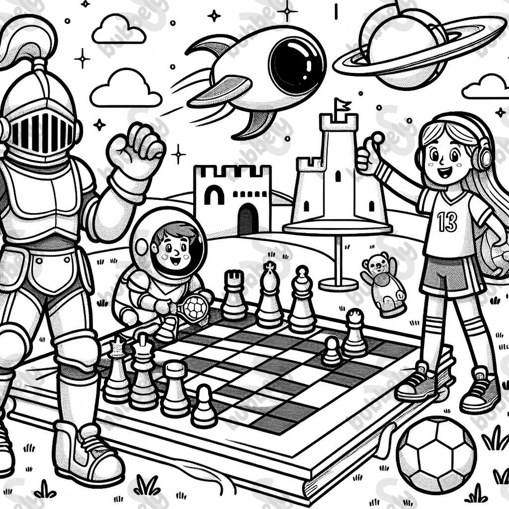 einen Ritter, eine Fußballspielerin und ein Astronaut die ein Brettspiel spielen