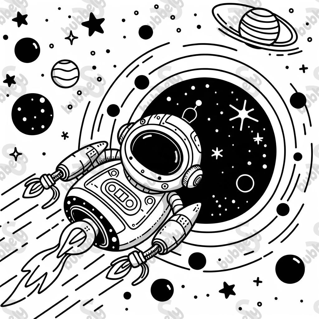 ein Roboter-Raumschiff das in ein schwarzes Loch fliegt