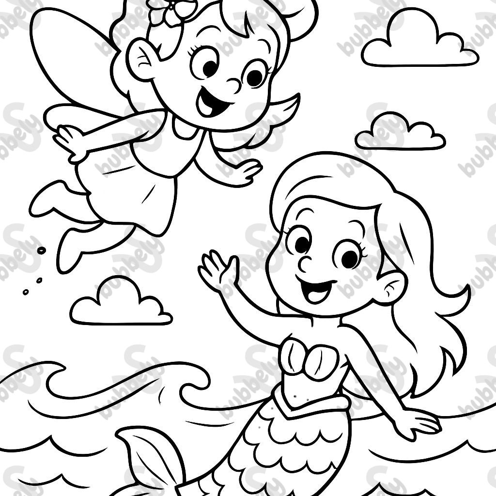 une fée vole au-dessus de la mer, où se trouve une sirène