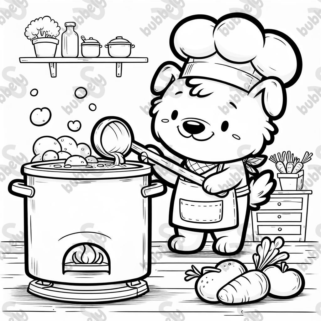 a dog cooking soup