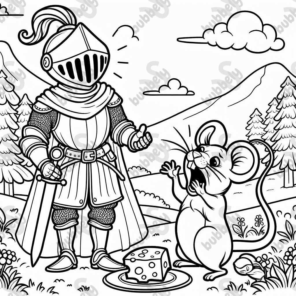 Ein Ritter sieht eine Maus, die schreit, weil sie in einen Käse gebissen hat