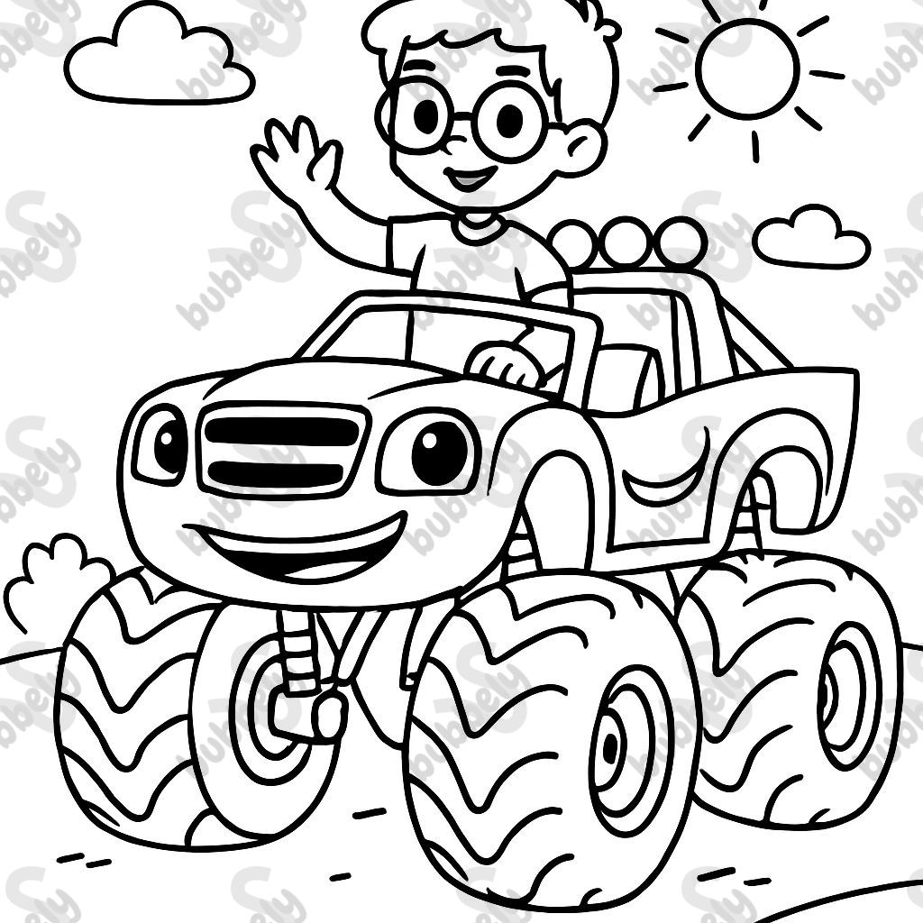 A young boy with glasses riding on Blaze the monster truck.