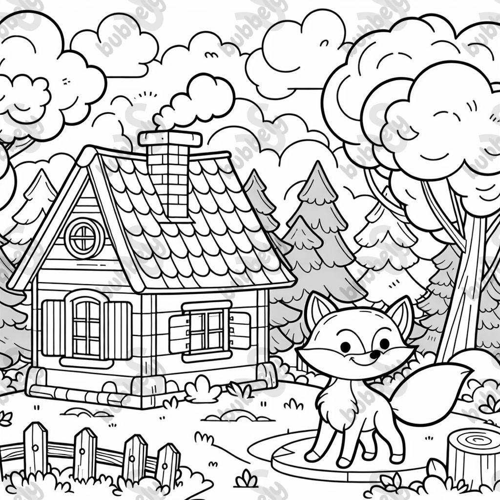 A picture of a house in the forest, surrounded by trees and a curious fox.