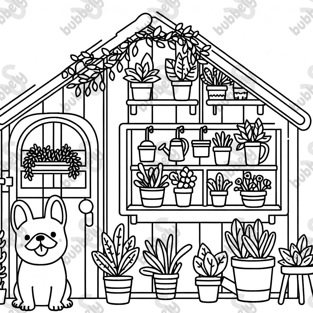 Cute and Bold design green house with cute trailing plants on shelves and a frenchie gardening Cute and Bold design green house with cute trailing plants on shelves and a frenchie gardening
