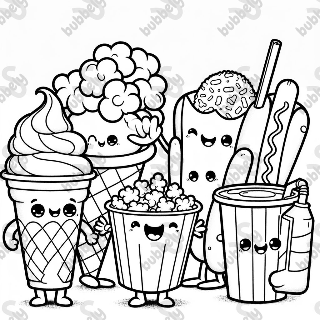 An ice cream cone, a cup of popcorn, a hotdog, and a cup of icee all holding hands.