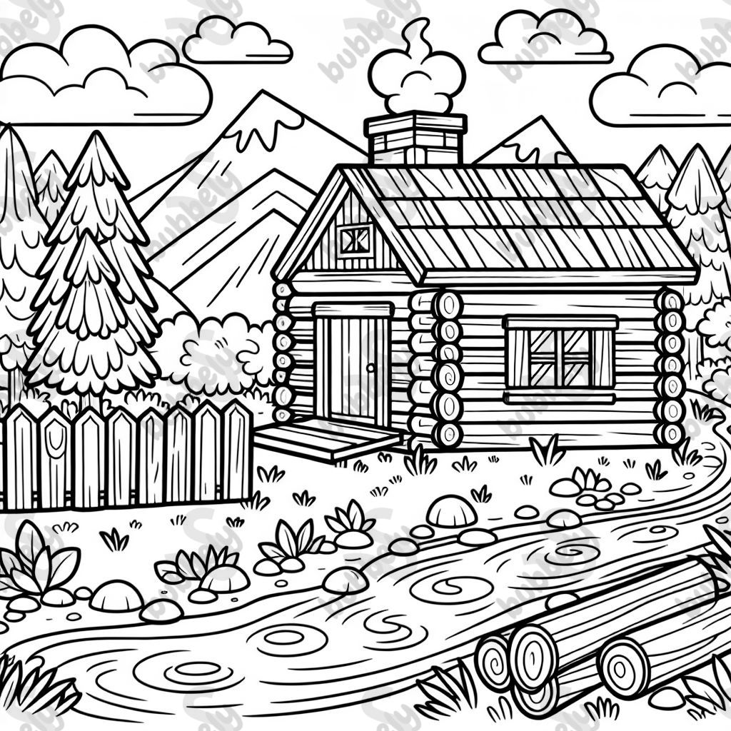 a log cabin by a stream