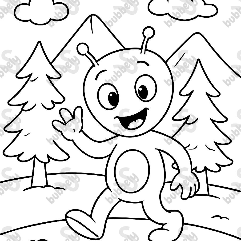 alien with trees and mountains in the background