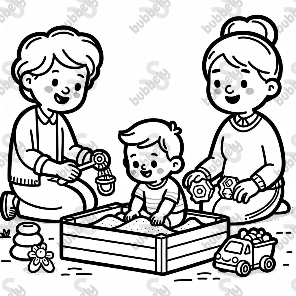 Mama, Oma und Baby im Sandkasten mit Spielzeug