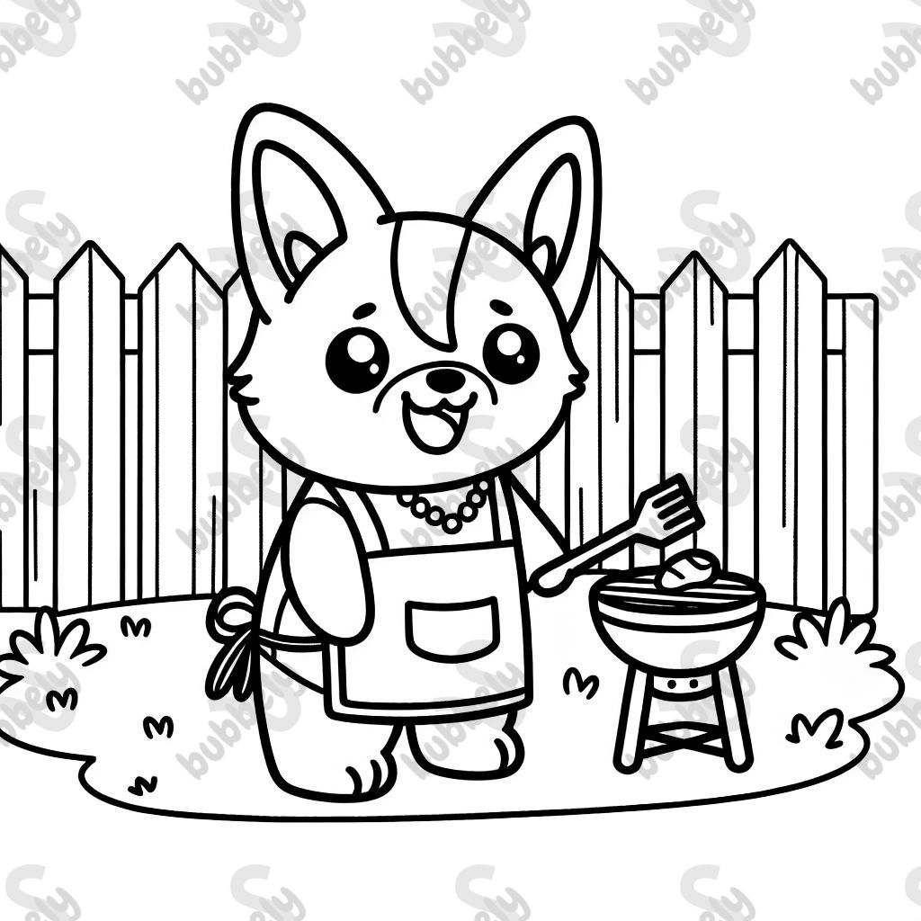 A corgi wearing apron grilling backyard