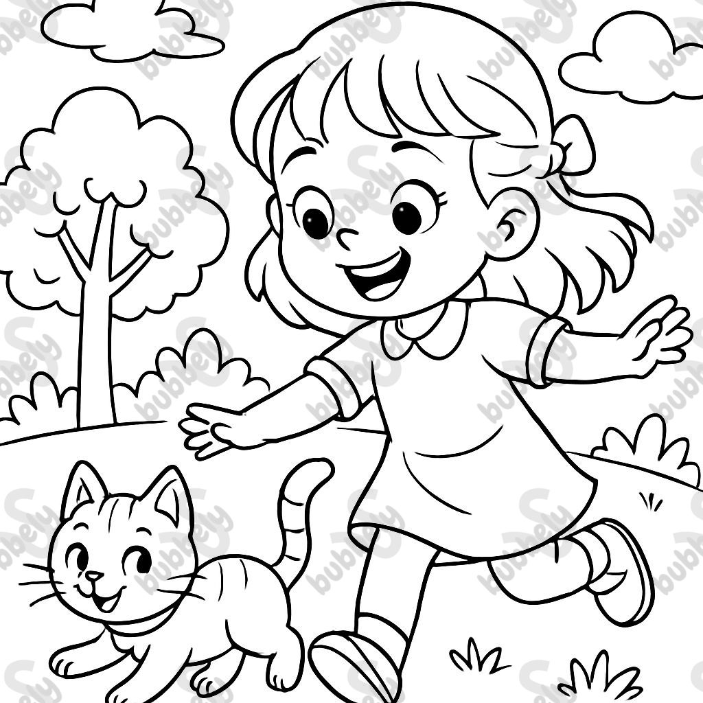 A about 5 years old girl playing outside in a park with a cat.