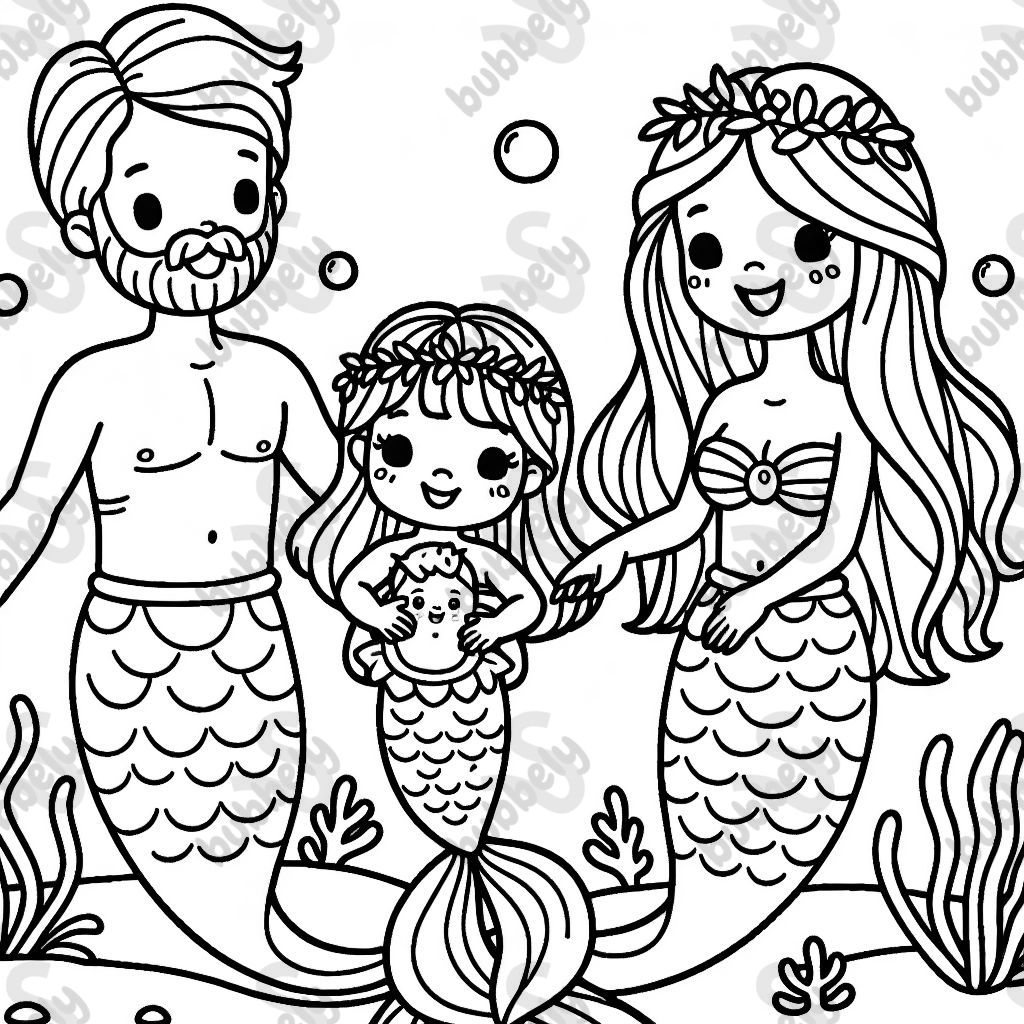 a mermaid family with father, mother, daughter, and baby