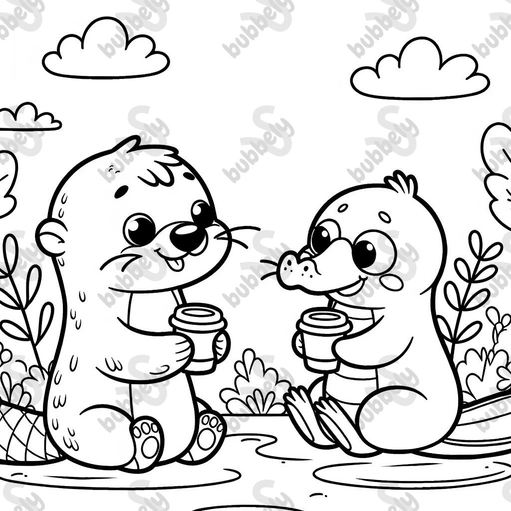 Ein Otter und ein Schnabeltier trinken Kaffee