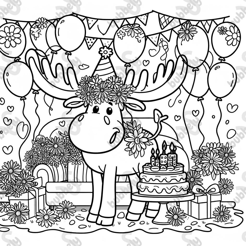 a moose celebrating a birthday with lots of flowers and balloons