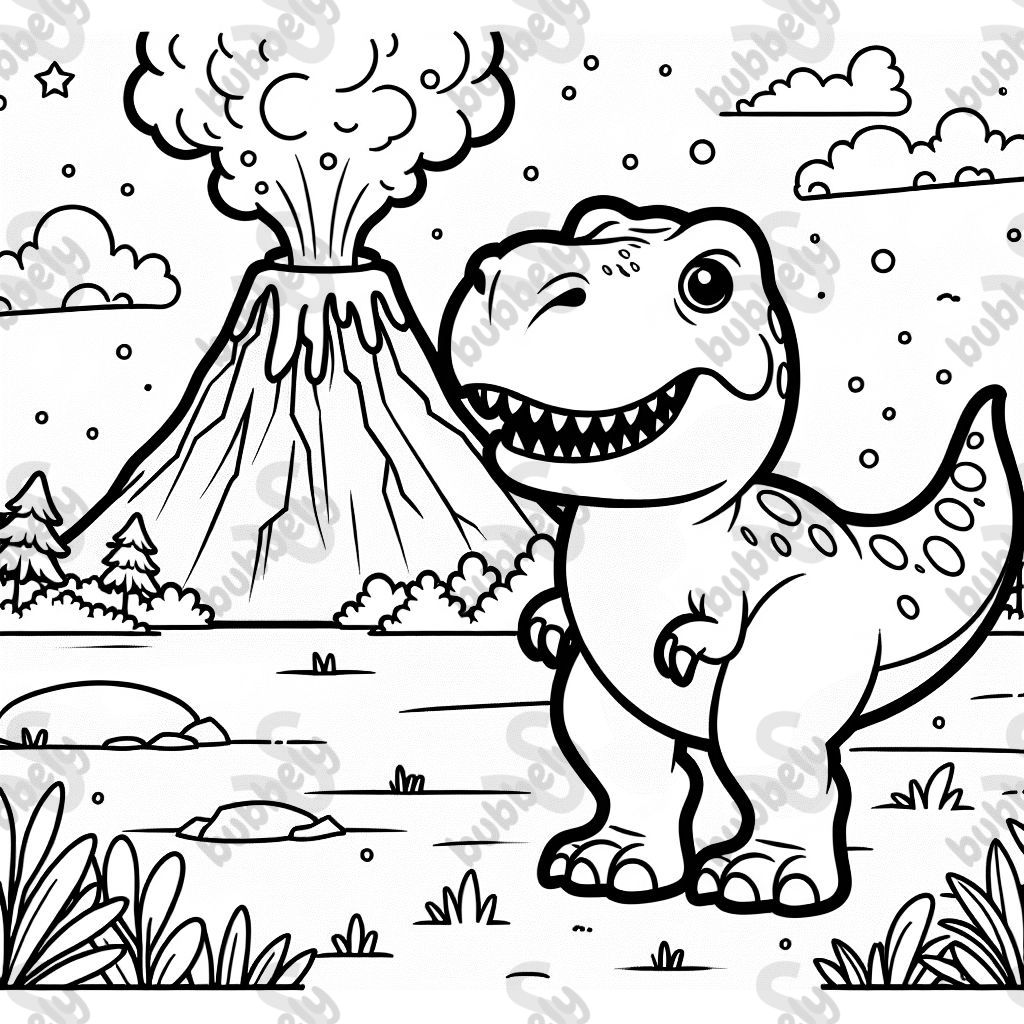 Einen thyranosaurus rex neben einem vulkan