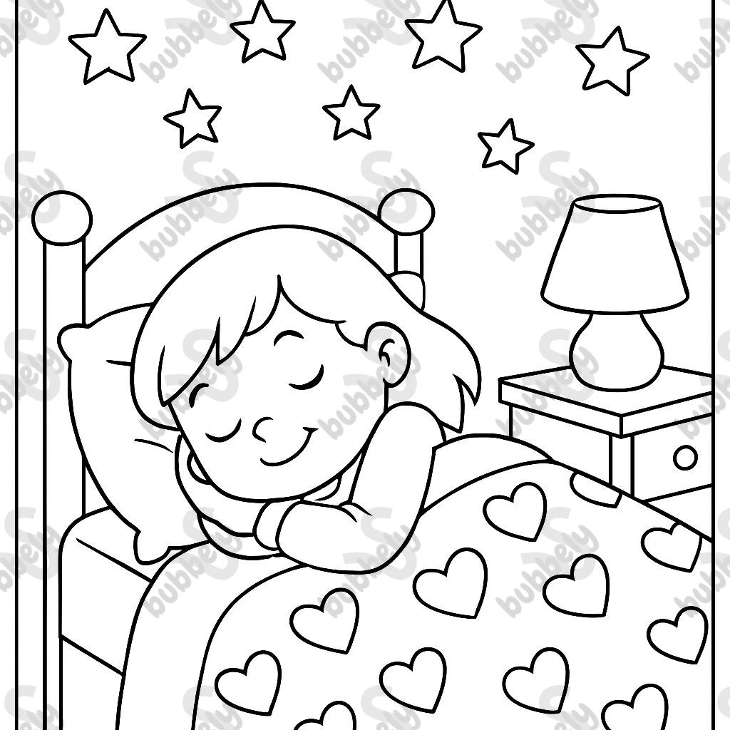 Girl sleeping in her room with stars on the ceiling and hearts on her blanket