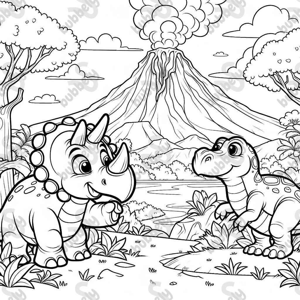 Triceratops und Ankylosaurus und im Hintergrund ist ein Vulkan