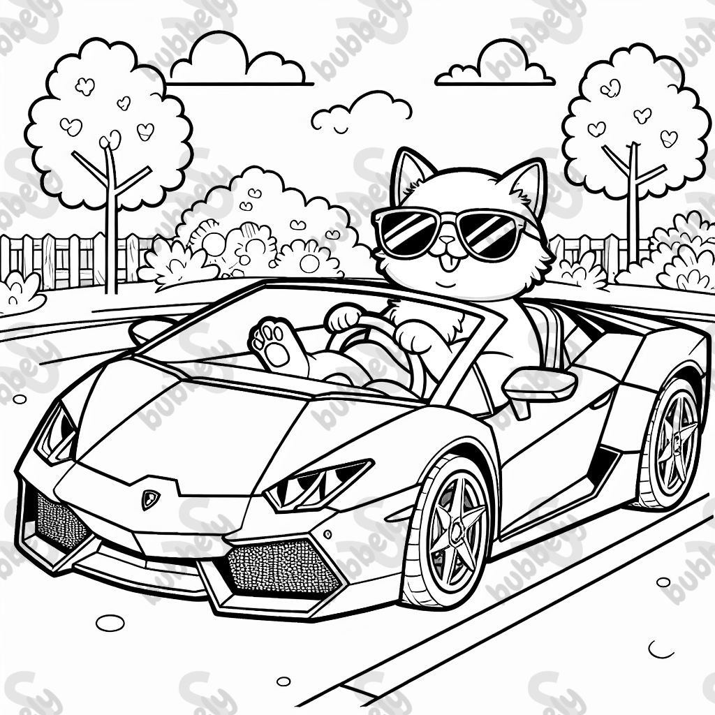 A cat with sunglasses in a Lamborghini