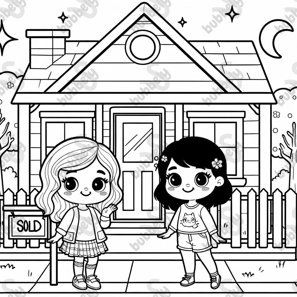 Simple design of two girls in front of a house with a SOLD sign next to it.