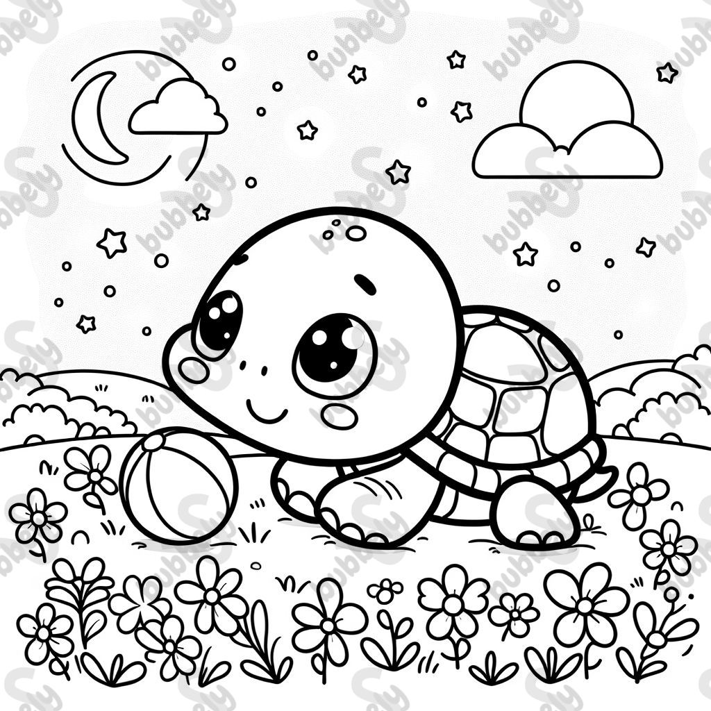 Une tortue joue avec une balle dans une prairie de fleurs colorées. Une tortue joue avec une balle dans une prairie de fleurs colorées.