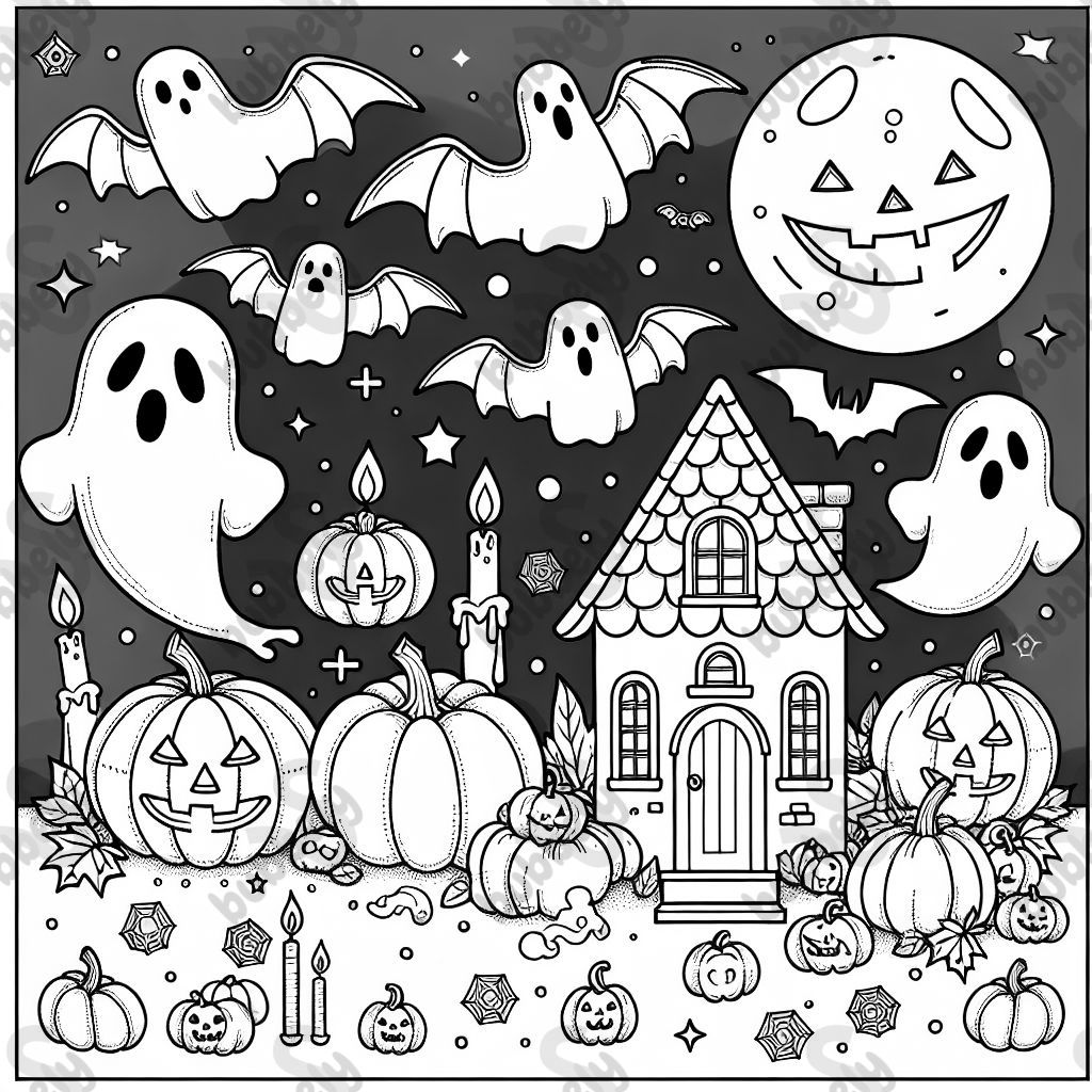 Ein Mandala zum Thema Halloween im Format Din A4 mit Geistern, Kürbissen, Fledermäusen, Kerzen und einem gruseligen Haus Ein Mandala zum Thema Halloween im Format Din A4 mit Geistern, Kürbissen, Fledermäusen, Kerzen und einem gruseligen Haus