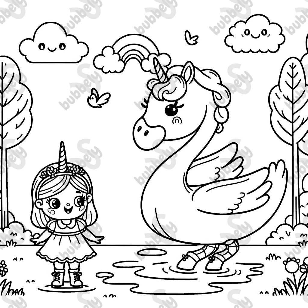 Swan in unicorn costume with four-year-old blonde girl