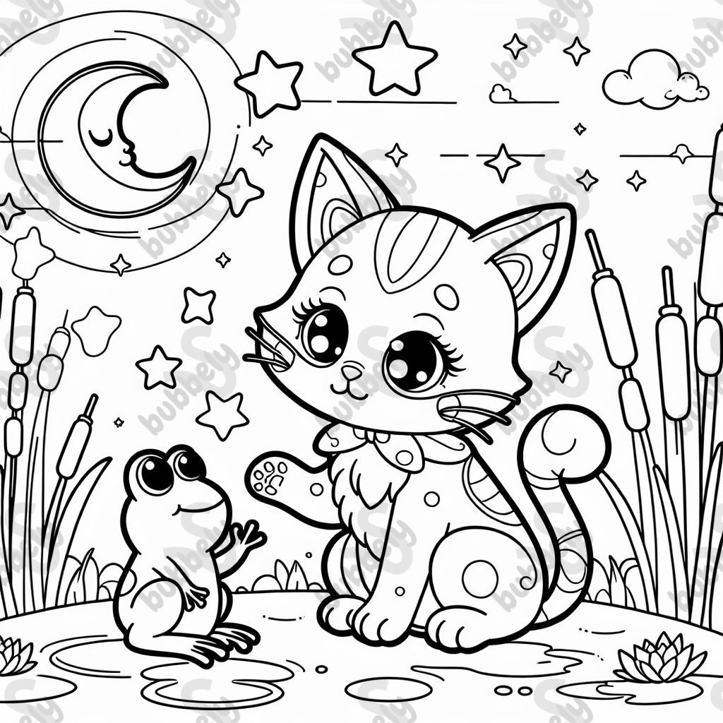 Eine Sternenkatze die ihren Freund den Frosch besucht