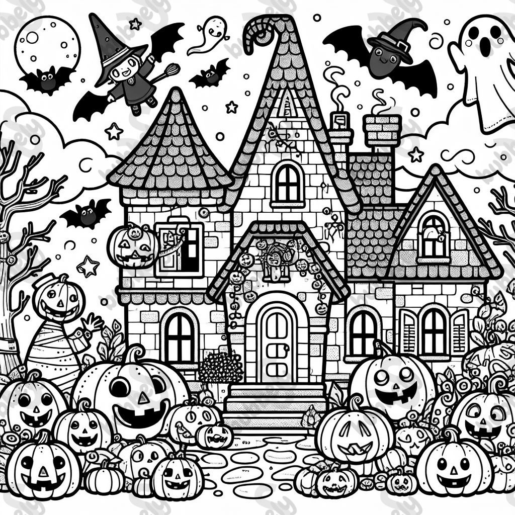 ein Geisterhaus für Halloween mit Kürbissen, Geistern, Hexen, Fledermäusen