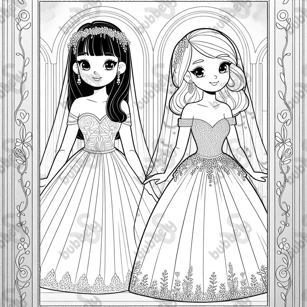 2 femmes en robes de mariée, l'une est grande avec une frange