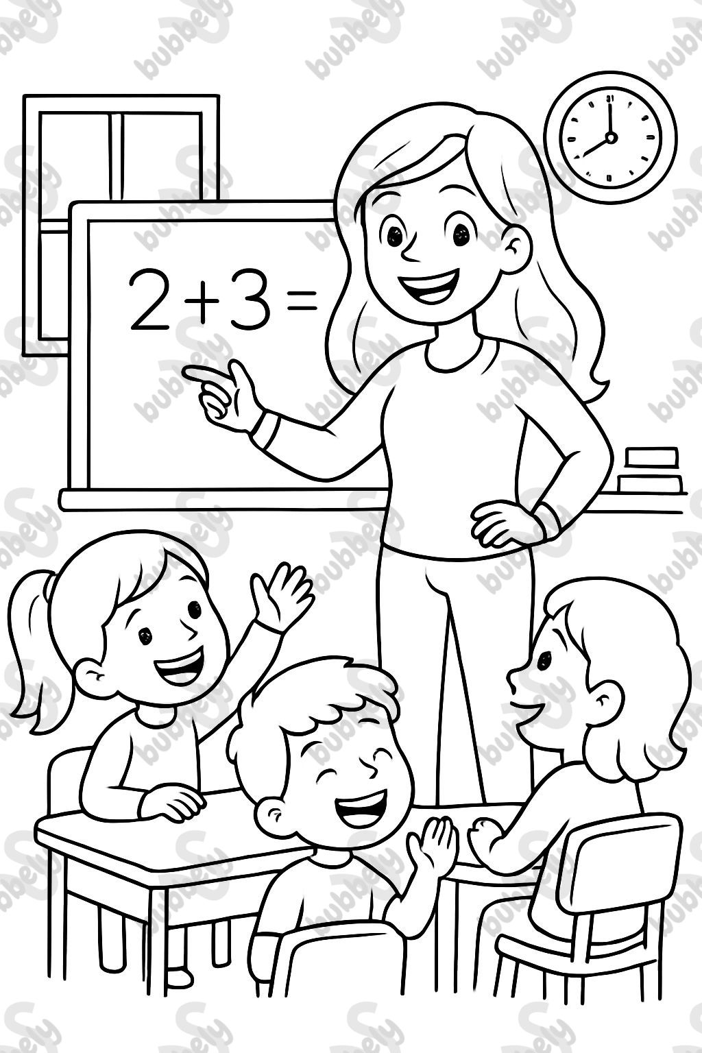 Young female teacher with long hair and a great smile, wearing pants and a sweater, teaching math class. Young female teacher with long hair and a great smile, wearing pants and a sweater, teaching math class.