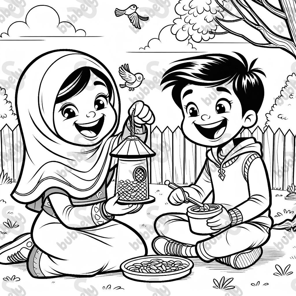 Brother and sister filling birdfeeders