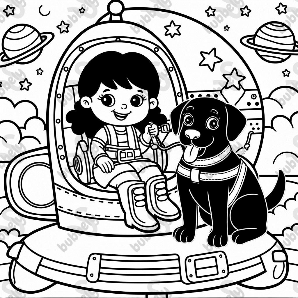 black lab and girl in spaceship