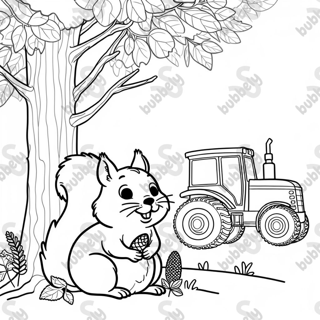 Un écureuil sur un arbre à côté d'un tracteur