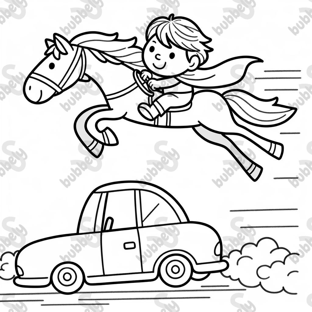 a boy flying over a horse in his car