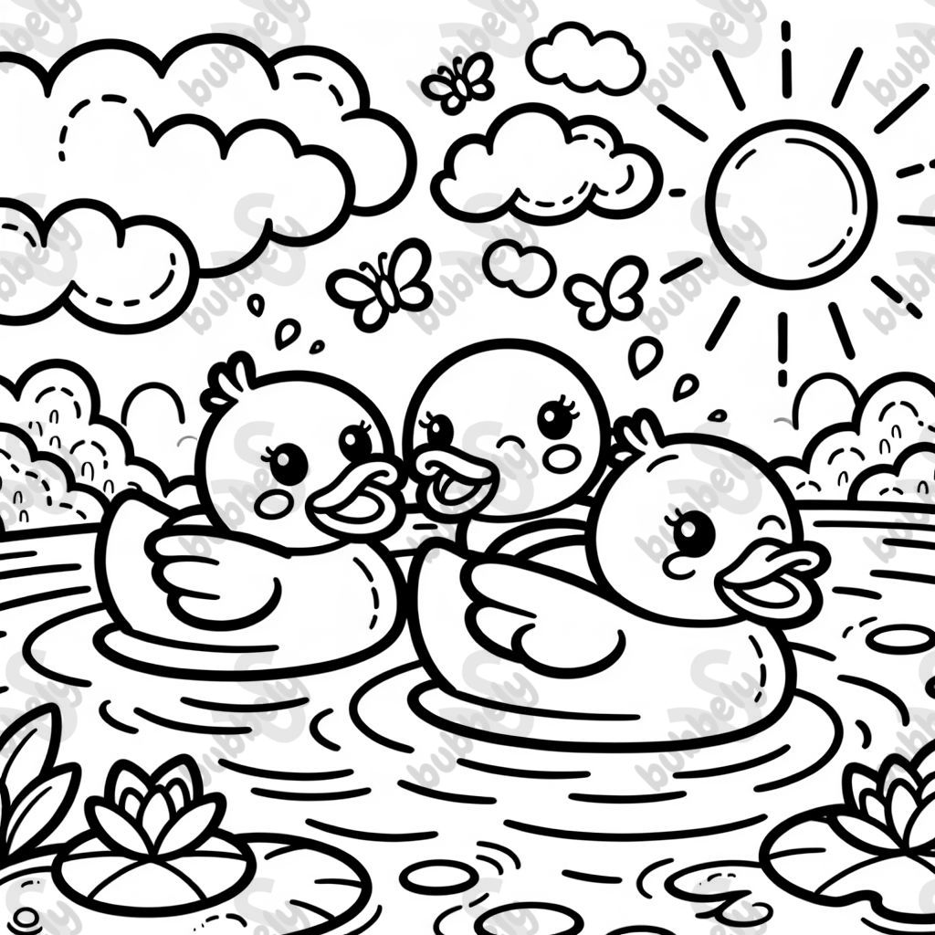 three rubber ducks swimming