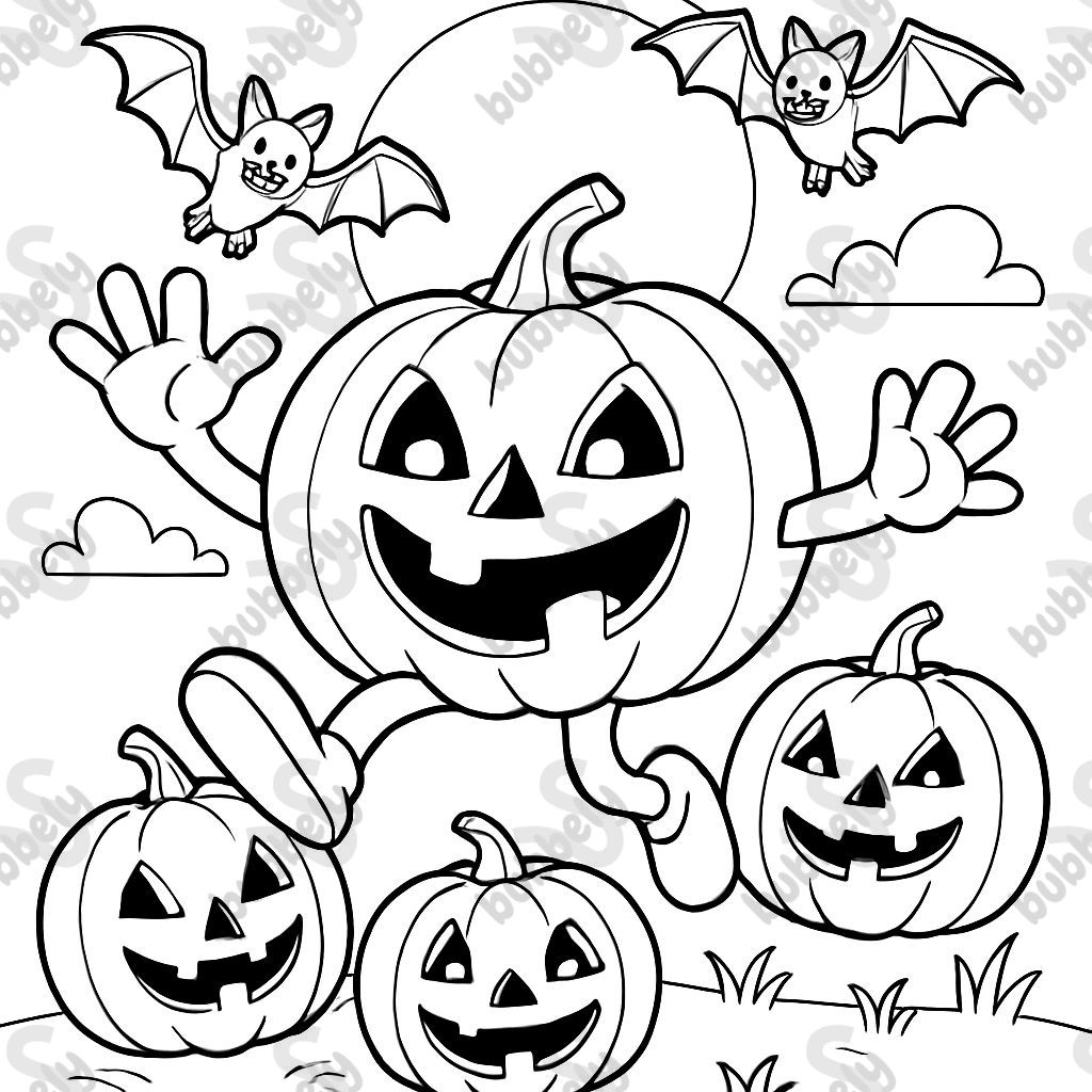 Halloween scene with pumpkins and bats