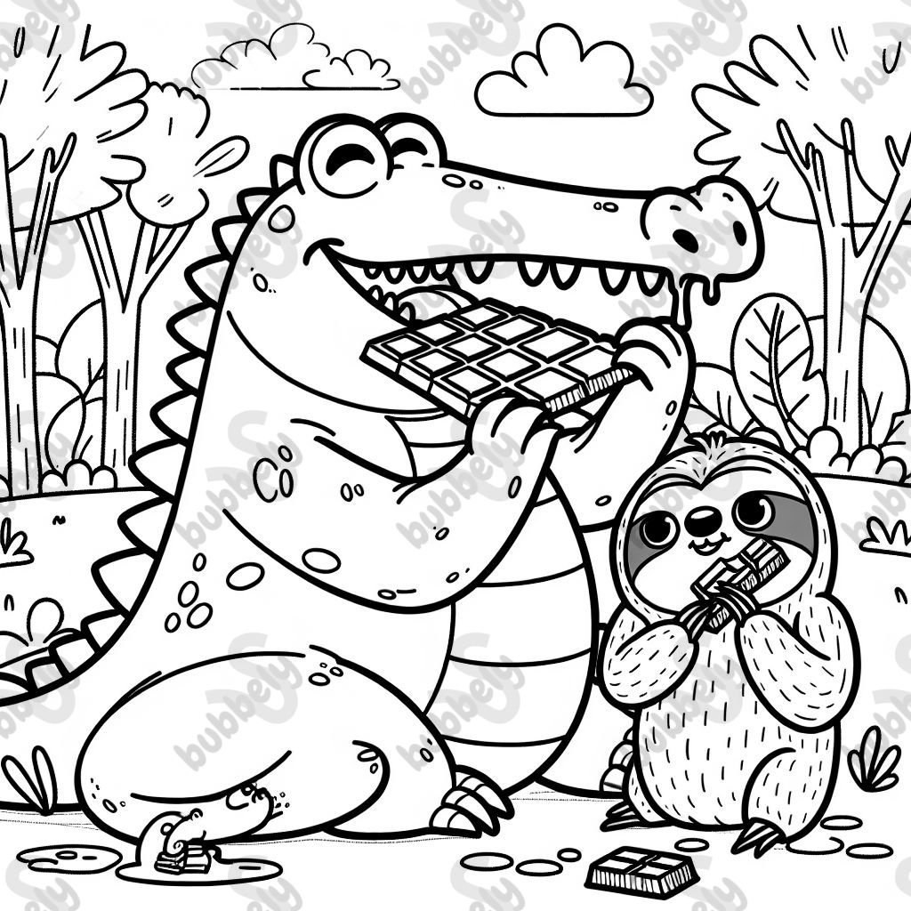 ein Krokodil und ein Faultier, die gemeinsam Schokolade essen