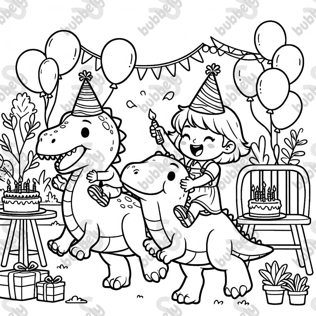 A toddler girl and a toddler boy riding dinosaurs celebrating their birthday. A toddler girl and a toddler boy riding dinosaurs celebrating their birthday.