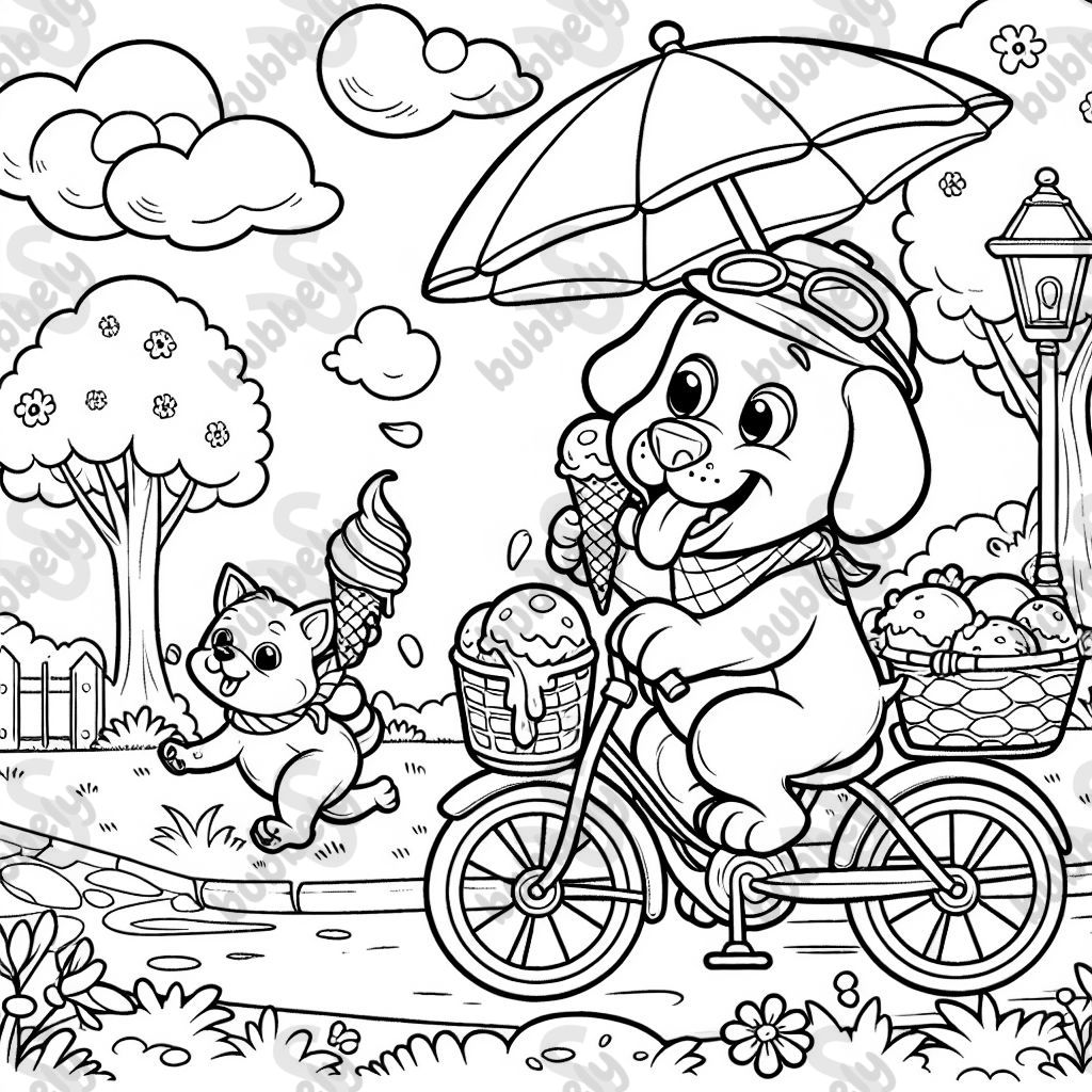 Dog riding a bike eating ice cream