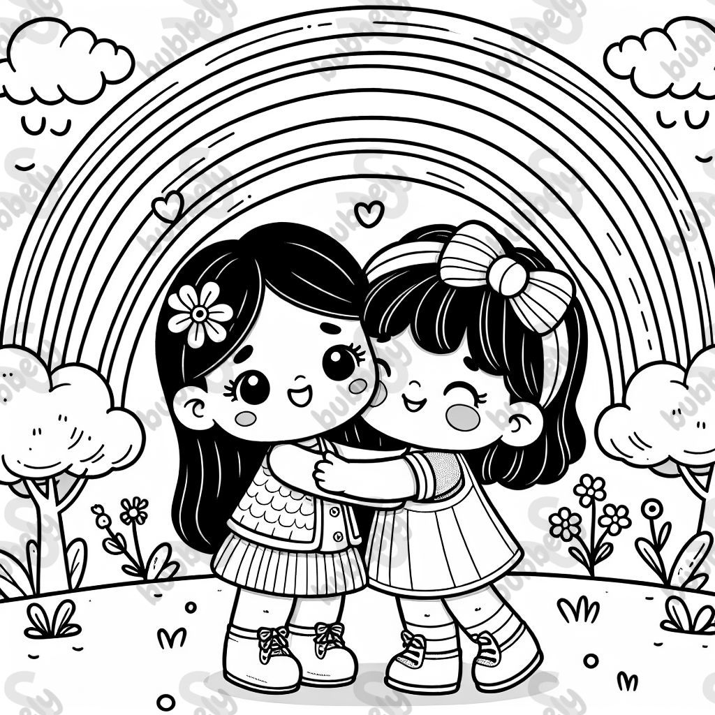 Little girls hugging goodbye with a rainbow in the background