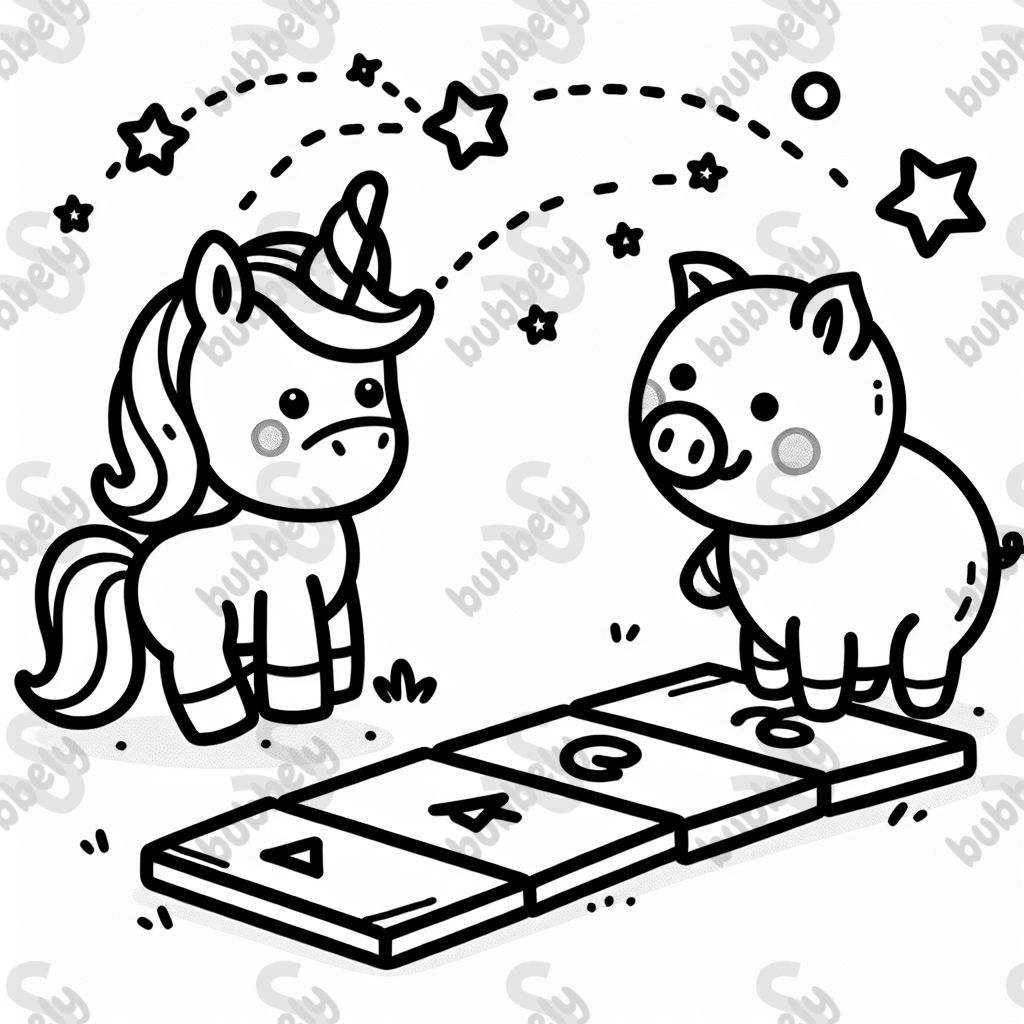 Unicorn and piggy playing hopscotch