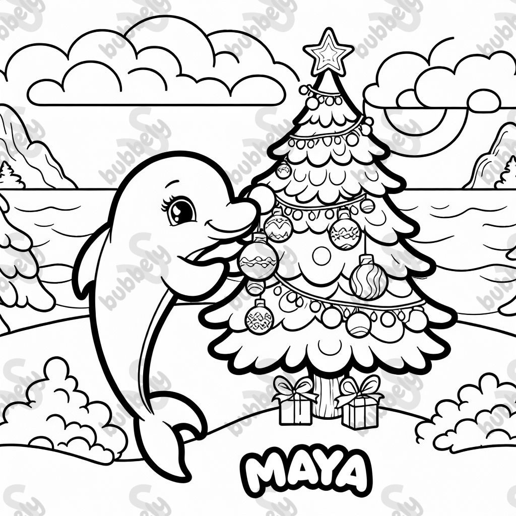 Dolphin decorating a xmas tree with the name Maya underneath
