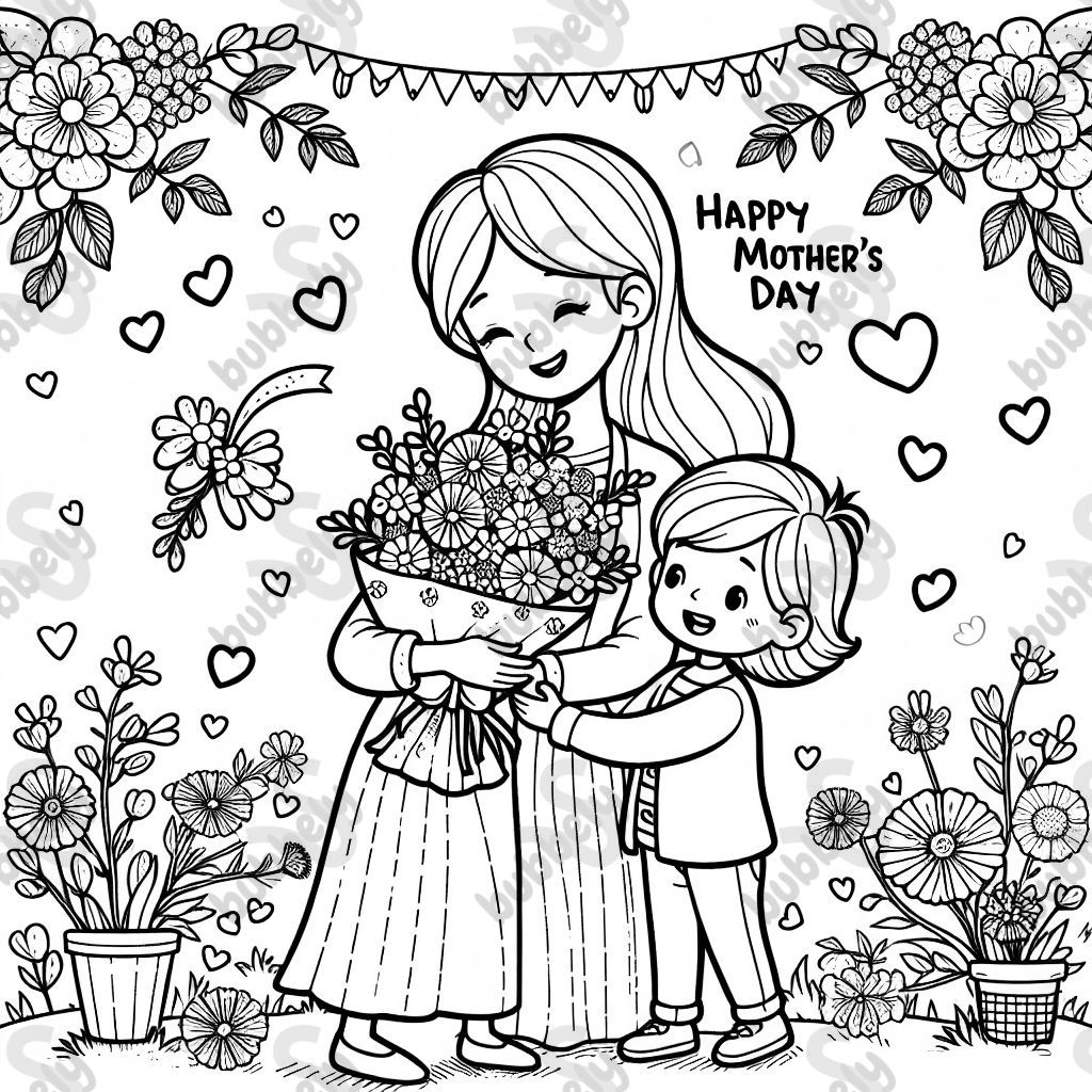 Mother with child with flowers and hearts a bouquet mother's day
