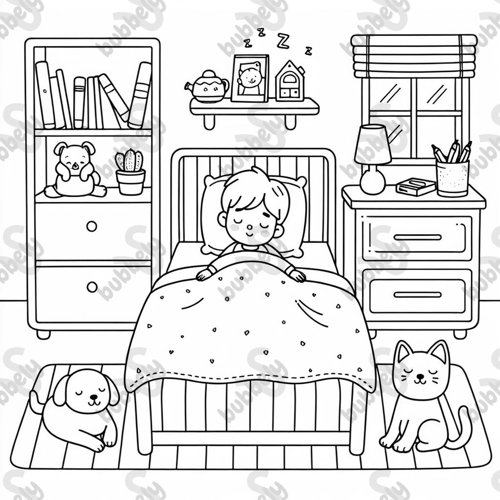 a kid sleeping in their room with their dog and cat sleeping too