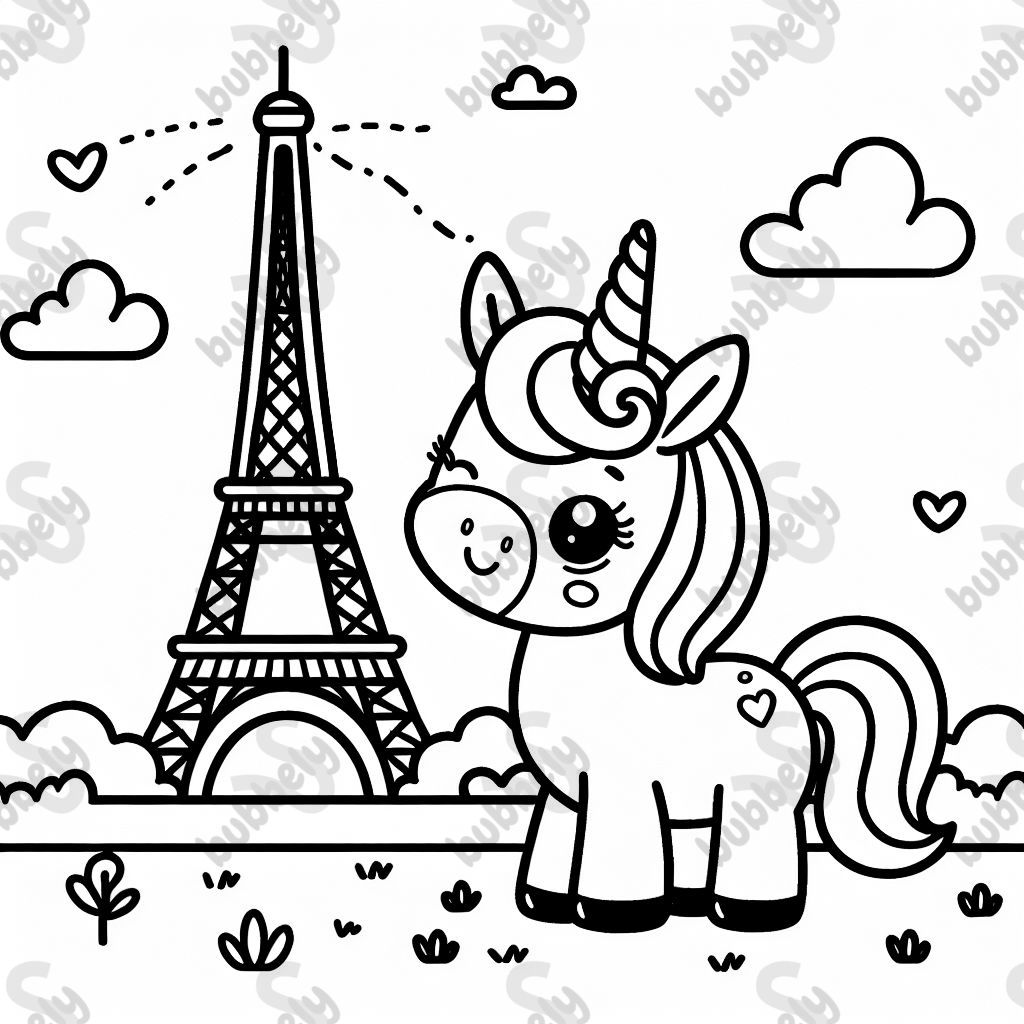 A unicorn in front of the Eiffel Tower, perfect for kids to color.